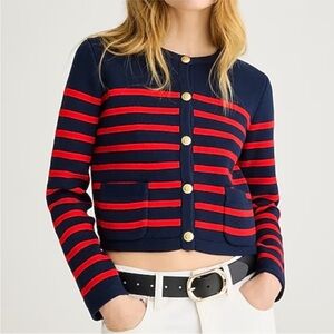 J. Crew Emilie Cotton Cropped Sweater Lady Jacket in Navy & Red Stripe XS EUC